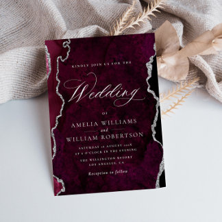 burgundy and silver agate calligraphy wedding invitation