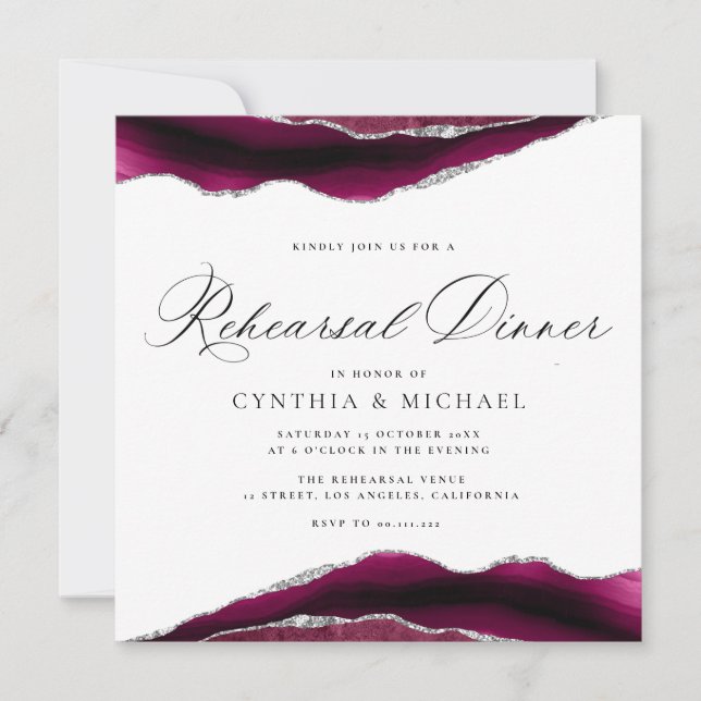 burgundy and silver agate rehearsal dinner invitation (Front)