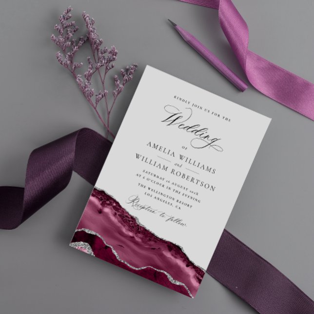 burgundy and silver calligraphy wedding invitation (Creator Uploaded)
