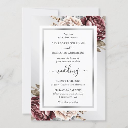 Burgundy and Silver Elegant Ivory Floral Wedding Invitation