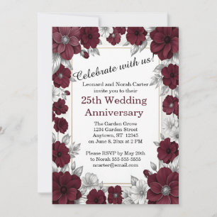 Burgundy and Silver Floral 25th Anniversary Invitation