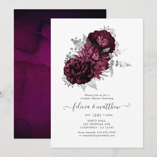 Burgundy and Silver Floral Couples Shower Invitation (Front/Back)