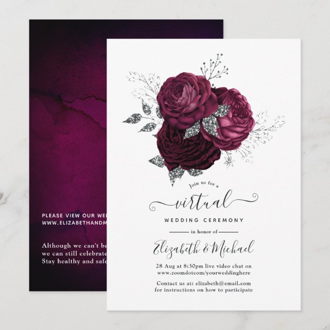 Burgundy and Silver Floral Online Virtual Wedding Invitation (Front/Back)