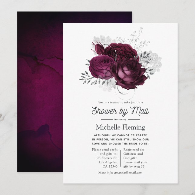 Burgundy and Silver Floral Shower by Mail Invitation (Front/Back)