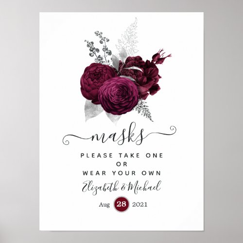 Burgundy and Silver Floral Wedding Face Masks Poster