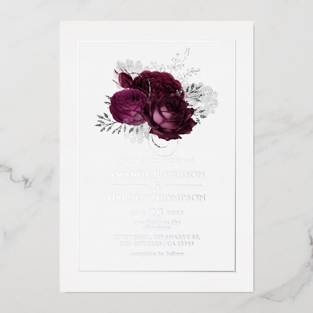 Burgundy and Silver Floral Wedding Foil Invitation (Front)