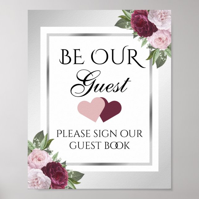 Burgundy and Silver Floral Wedding Guest Book Sign (Front)