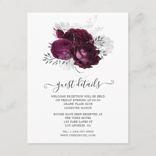 Burgundy and Silver Floral Wedding Guest Details Enclosure Card