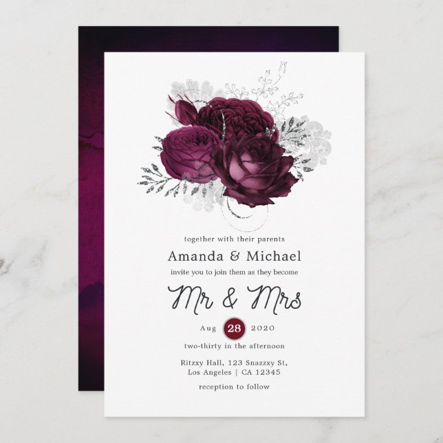 Burgundy and Silver Floral Wedding Invitation (Front/Back)