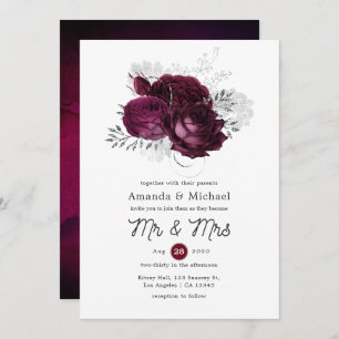 Burgundy and Silver Floral Wedding Invitation