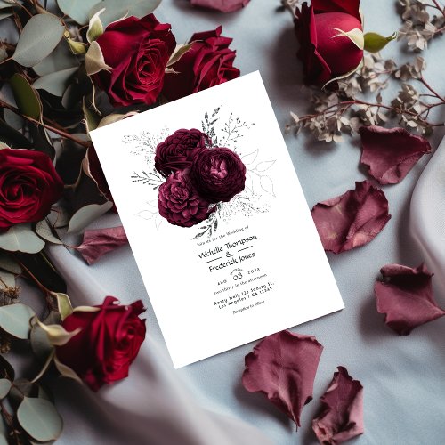 Burgundy and Silver Floral Wedding Invitation