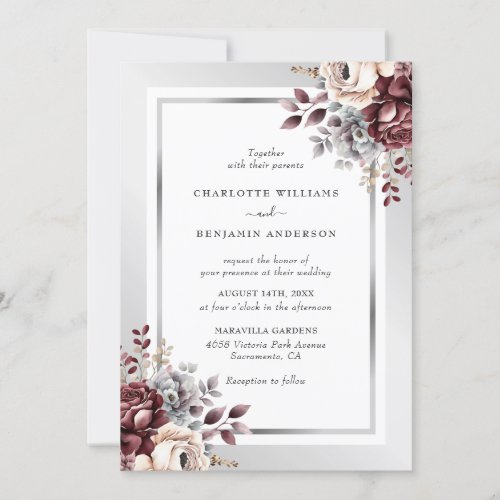 Burgundy and Silver Floral Wedding Invitation