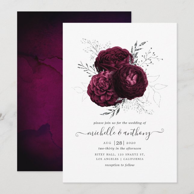 Burgundy and Silver Floral Wedding Invitation (Front/Back)