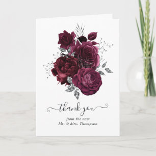Burgundy and Silver Floral Wedding Photo Thank You Card