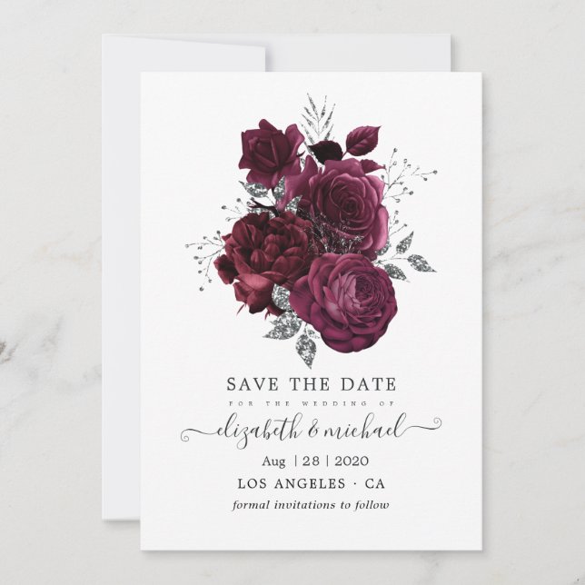 Burgundy and Silver Floral Wedding Save The Date (Front)