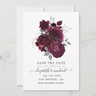 Burgundy and Silver Floral Wedding Save The Date