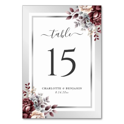 Burgundy and Silver Floral Wedding Table Number