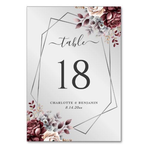 Burgundy and Silver Geometric Wedding Table Number