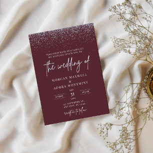 Burgundy and Silver Glitter Wedding Invitation
