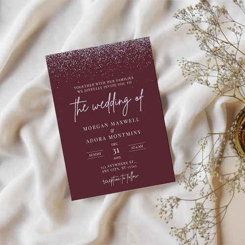 Burgundy and Silver Glitter Wedding Invitation