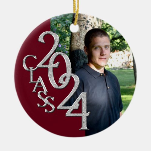 Burgundy and Silver Graduation Class of 2024 Photo Ceramic Ornament