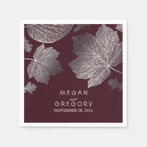 Burgundy and Silver Leaves Fall Wedding Napkins