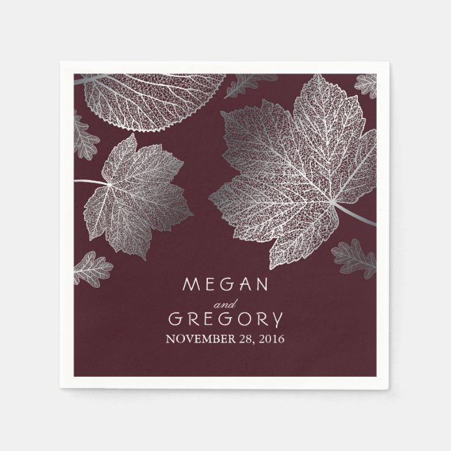 Burgundy and Silver Leaves Fall Wedding Napkins (Front)