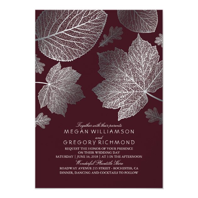 Burgundy And Silver Leaves Vintage Fall Wedding Invitation