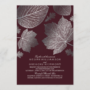 Burgundy and Silver Leaves Vintage Fall Wedding Invitation