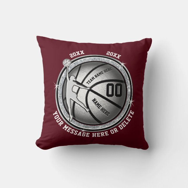 Burgundy and Silver Personalized Basketball Gifts Throw Pillow (Front)