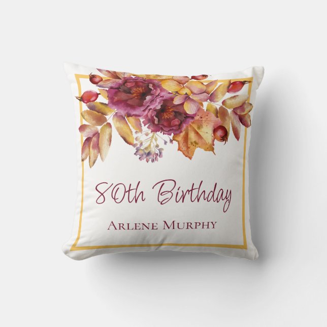 Burgundy and Sun Yellow Autumn Rose 80th Birthday Throw Pillow (Front)