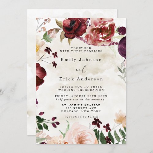 Burgundy And Tan Rustic Wildflowers Wedding Invitation
