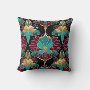 Burgundy and teal art deco floral throw pillow