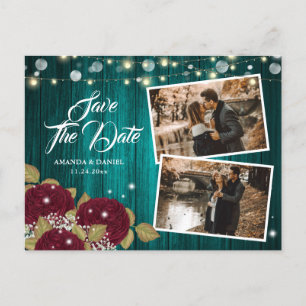 Burgundy and Teal Save The Date Photo Postcards