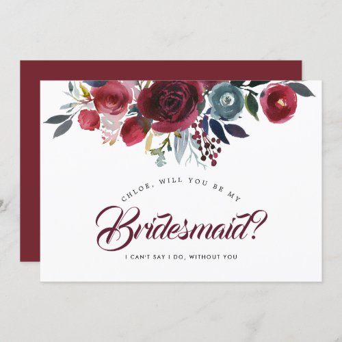 Burgundy and Teal Will You Be My Bridesmaid Card