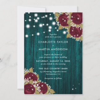 Burgundy and Teal Wood Lights Floral Wedding Invitation