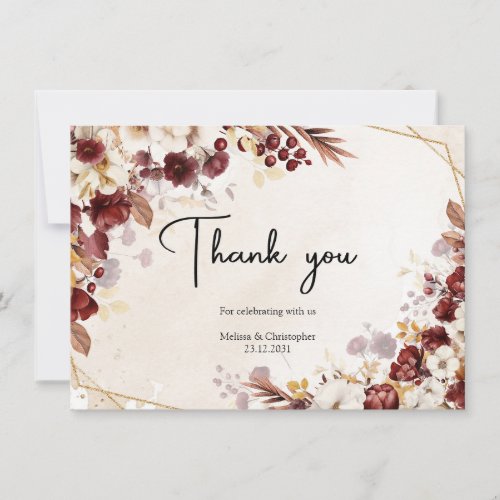 Burgundy and terracotta autumn flowers gold frame thank you card