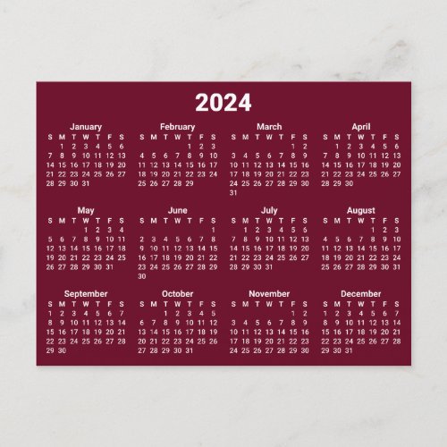 Burgundy and White 2024 Calendar Postcard