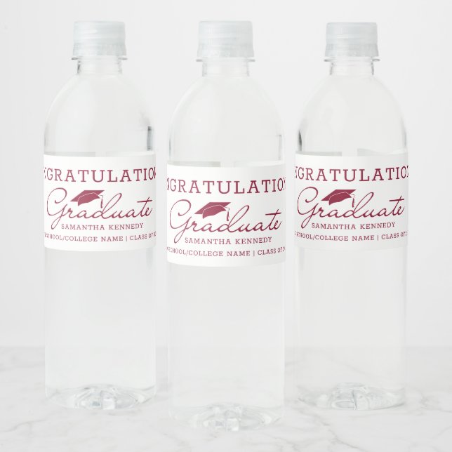 Burgundy And White 2025 Graduate Graduation Party  Water Bottle Label (Bottles)