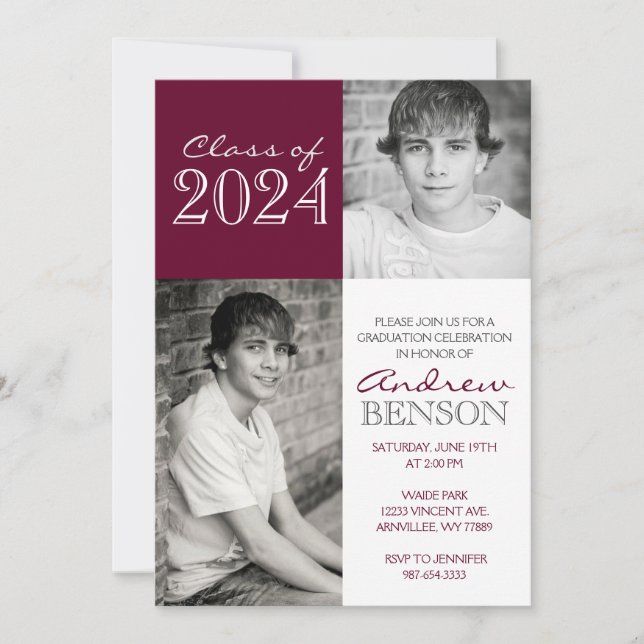 Burgundy and White 2 Photo Graduation Invitation (Front)