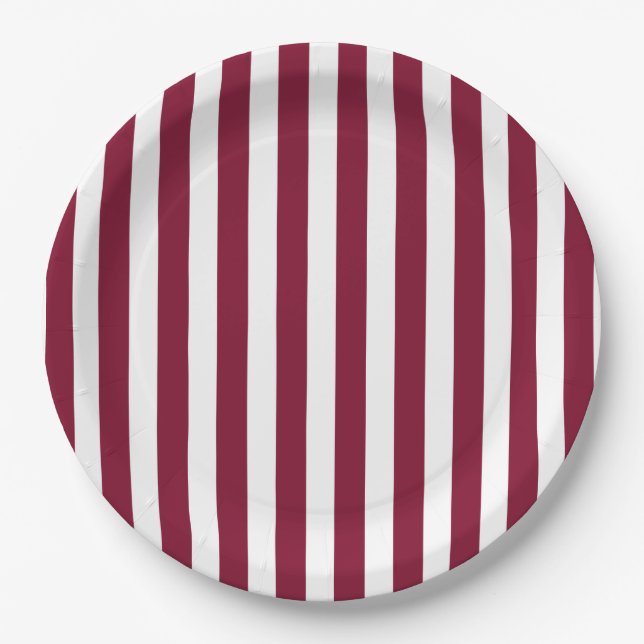 Burgundy and white candy stripes paper plates (Front)
