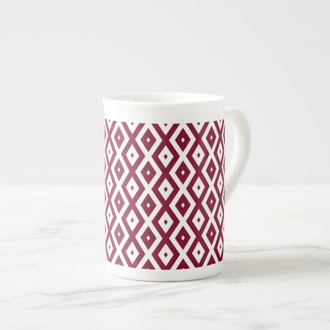 Burgundy and white diamond pattern bone china mug (Front Right)