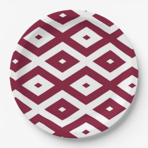 Burgundy and white diamond pattern paper plates