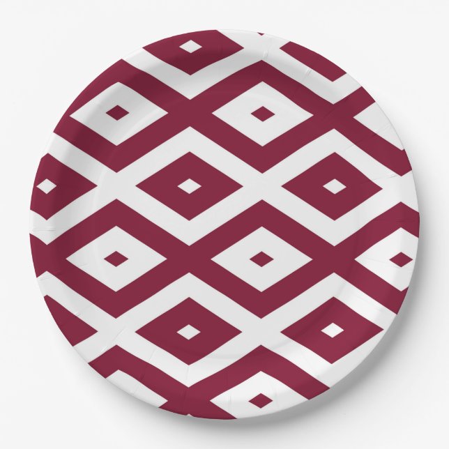 Burgundy and white diamond pattern paper plates (Front)