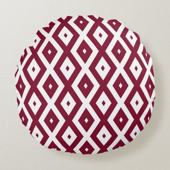 Burgundy and white diamond pattern round pillow (Front)