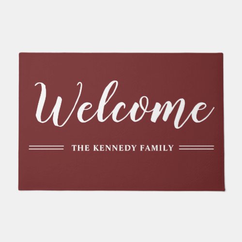 Burgundy And White Family Name Welcome   Doormat