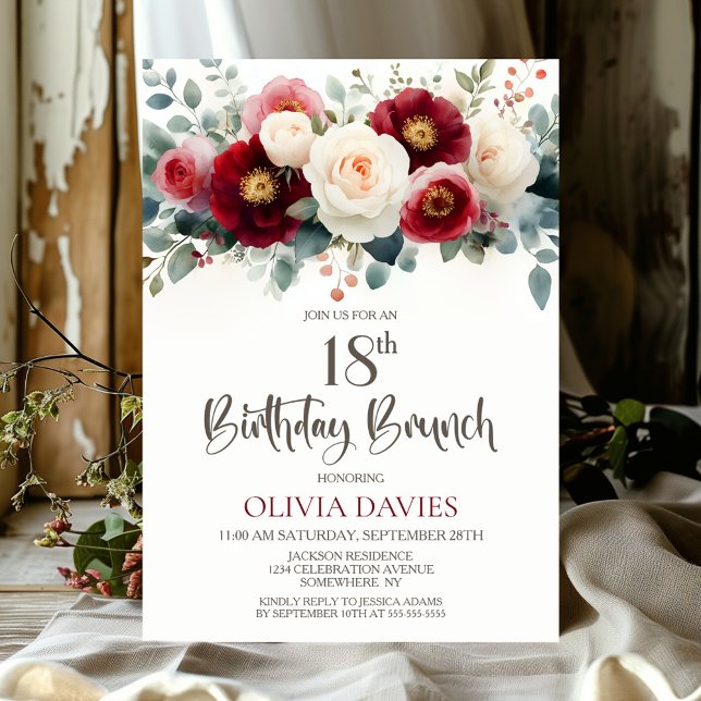 Burgundy and White Floral 18th Birthday Brunch Invitation (Creator Uploaded)