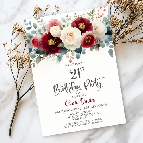 Burgundy and White Floral 21st Birthday Party