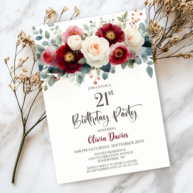Burgundy and White Floral 21st Birthday Party Invitation (Creator Uploaded)