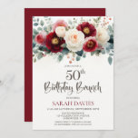 Burgundy and White Floral 50th Birthday Brunch Invitation